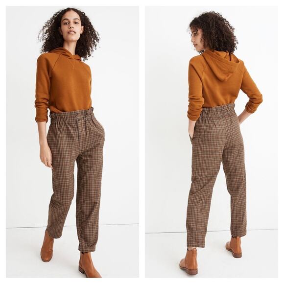 Madewell Brown Plaid Trouser Pants Size 2 Paperbag High Waist Tapered